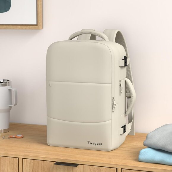 Taygeer Women's Cream Beige Travel Backpack Carry On 15.6inch Laptop Backpack - Picture 2 of 10